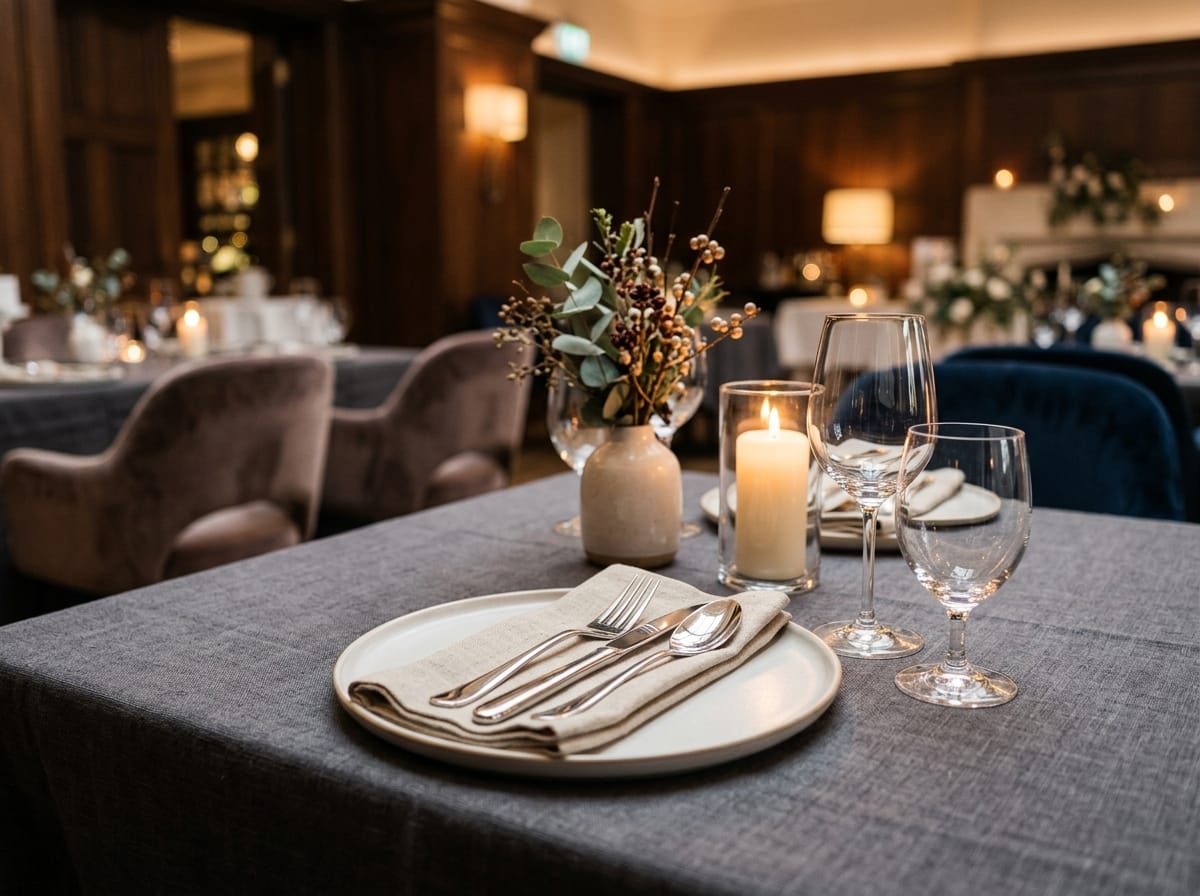 Detalle de mesa de evento preparada con mantelería de textura cálida y cubertería elegante en un entorno interior.